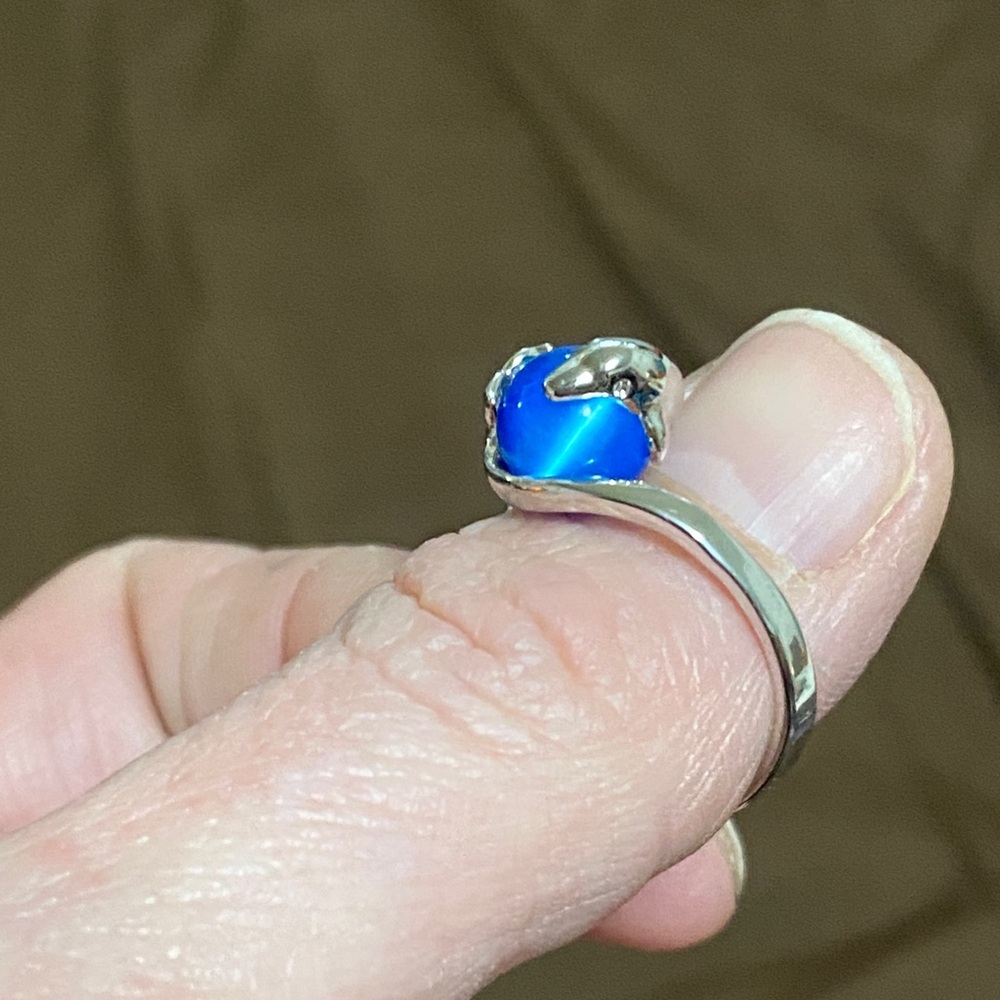 Sterling Silver Dolphin Ring with Blue Cat's Eye Stone